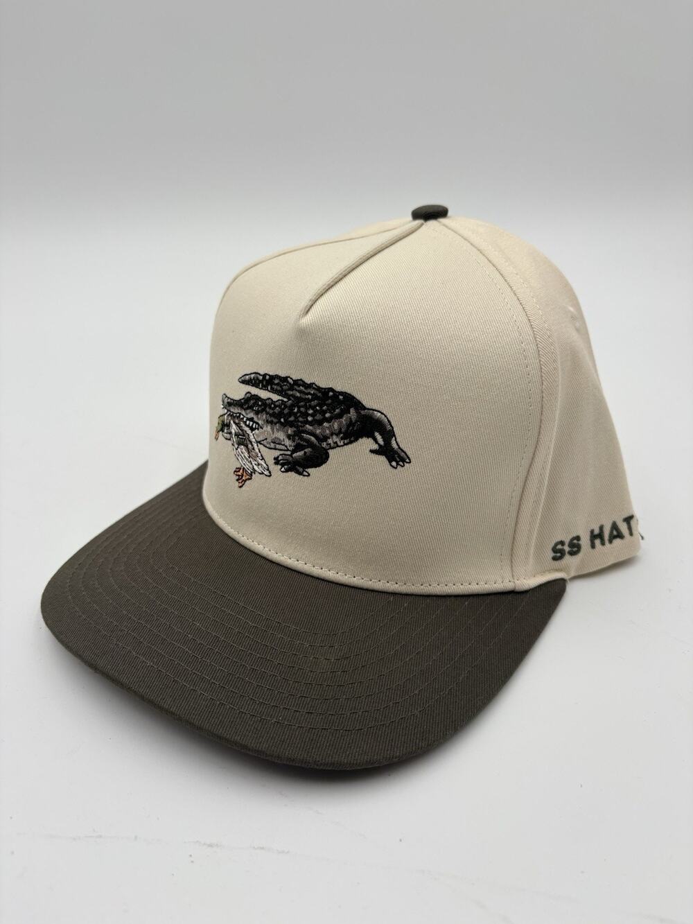 Southern String Hat Co Gator Duck Alligator Snapback Hat Cream Olive Brim